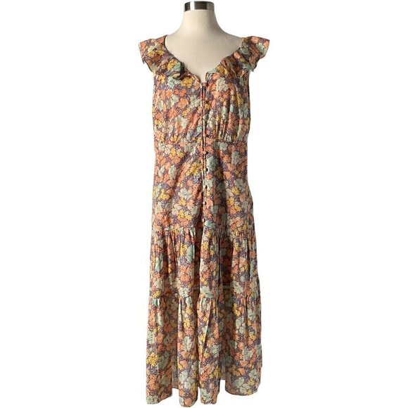 Veronica Beard Malgosia Floral Cotton Midi Dress Ruffle Tiered Orange 4 - Picture 3 of 9